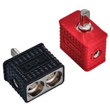Dual 1/0-GA to 1/4-GA Amp Input Reducers with Offset Stub and Silicone Cover - BLACK/RED - detail view | Silarius