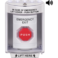 STI SS2382EX-EN Key-to-Reset Stopper Station with Horn, Indoor / Outdoor, Surface Mount, EMERGENCY EXIT Label, White