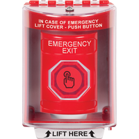STI SS2077EX-EN Indoor / Outdoor Surface Weather Resistant Momentary (Illuminated) with Red Lens Stopper Station and 'EMERGENCY EXIT' English Label, Red