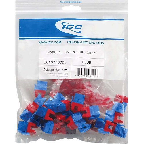 ICC IC107L6CBL CAT6 RJ45 Keystone Jack, EZ Style, 25-Pack, Blue