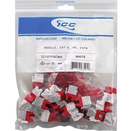 ICC IC107F6CWH CAT6 RJ45 Keystone Jack, HD Style, 25-Pack, White