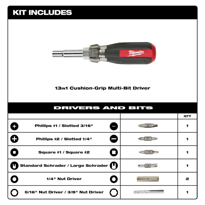 MILWAUKEE 48-22-2881 13-in-1 Cushion Grip Screwdriver with Schrader Bit