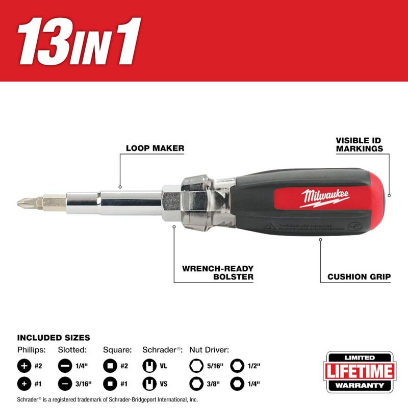 MILWAUKEE 48-22-2881 13-in-1 Cushion Grip Screwdriver with Schrader Bit