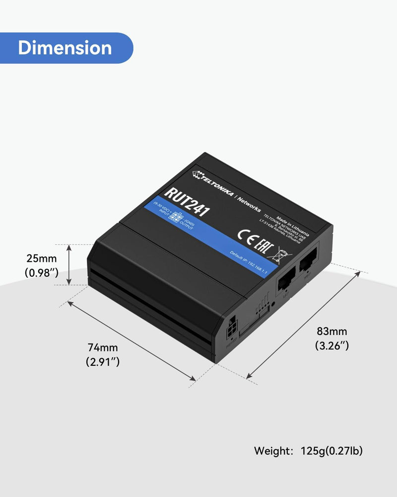 IN STOCK! Teltonika RUT241098000 Industrial 4G LTE Cellular Router, 4G LTE Wi-Fi Router, Automatic failover, Advanced VPN, Certified by Verizon/AT&T/T-Mobile, Industrial 4G Router for North America