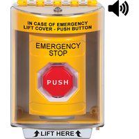 STI SS2282ES-EN Stopper Station Emergency Stop Button with Universal Stopper, Surface Mount, Horn, Key-to-Reset Illuminated, Yellow
