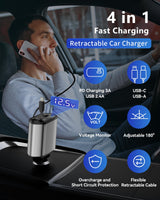Retractable Car Charger — Fast Charging USB-C & USB-A for iPhone 16/15/14, Samsu