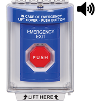 STI SS2448EX-EN Stopper Station Push Button with Universal Stopper Cover with Horn, Pneumatic, LED, Emergency Exit Label, Blue