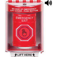 STI SS2087EX-EN Indoor / Outdoor Surface with Horn Weather Resistant Momentary Stopper Station and 'EMERGENCY EXIT' Label, Red