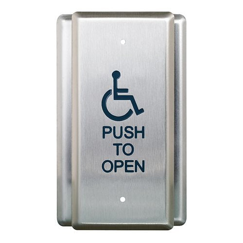 Camden CM-35-4 Single Gang Push Plate Switch, Vertical Mounting, 'WHEELCHAIR' Symbol and 'PUSH TO OPEN', Blue