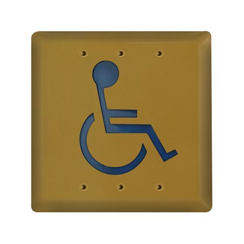 Camden CM-45-2-PB 4-1/2" Square Push Plate Switch, Concealed Screws, 'WHEELCHAIR' Symbol, Blue, Polished Brass (US3/605)