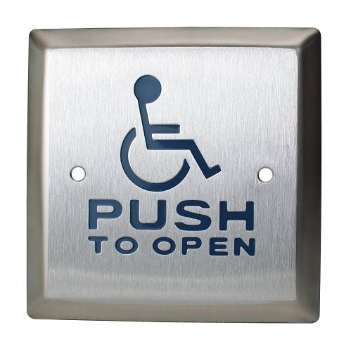Camden CM-46-4-WT 4-1/2" Square Push Plate Switch, Exposed Screws, 'WHEELCHAIR' Symbol and 'PUSH TO OPEN', Text in Blue