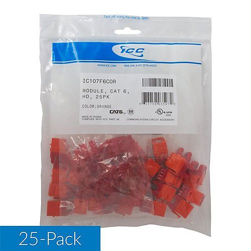 ICC IC107F6COR CAT6 RJ45 Keystone Jack, HD Style, 25-Pack, Orange