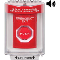 STI SS2048EX-EN Stopper Station Push Button with Universal Stopper Cover, Horn, Flush Mount, Pneumatic Illuminated, 'EMERGENCY EXIT' Label, Red