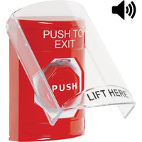STI SS20A8PX-EN Stopper Station Push Button with Shield and Sound, Pneumatic Illuminated, 'PUSH TO EXIT' Label, Red