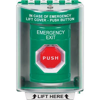 STI SS2178EX-EN Green Indoor / Outdoor Surface Pneumatic (Illuminated) Stopper Station with EMERGENCY EXIT Label