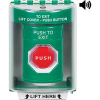STI SS2188PX-EN Surface Mount Stopper Station Push Button with Universal Stopper Cover, Horn, Pneumatic Illuminated, 'PUSH TO EXIT' Label, Green