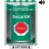 STI SS2189EV-EN Turn-to-Reset Illuminated Stopper Station with Horn, Indoor / Outdoor, Surface Mount, EVACUATION Label in English, Green