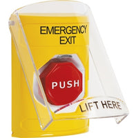STI SS2228EX-EN Stopper Station with Shield, Pneumatic Illuminated, EMERGENCY EXIT Label, Yellow