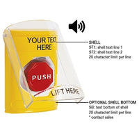 STI SS22A8ZA-EN Stopper Station with Shield and Sound, Pneumatic Illuminated, Custom English Label, Yellow