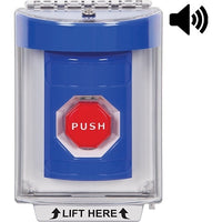 STI SS2448NT-EN Pneumatic Stopper Station with Horn, Illuminated, Flush Mount, Indoor / Outdoor, No Text Label in English, Blue