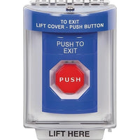 STI SS2448PX-EN Indoor / Outdoor Flush with Horn Pneumatic (Illuminated) Stopper Station, 'PUSH TO EXIT' Text, Blue