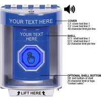 STI SS2486ZA-EN Indoor / Outdoor Surface with Horn Momentary (Illuminated) Stopper Station, Custom Text Label English, Blue