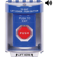 STI SS2488PX-EN Stopper Station with Universal Cover and Horn, Indoor / Outdoor, Surface Mount, Pneumatic Illuminated, 'PUSH TO EXIT' English Label, Blue