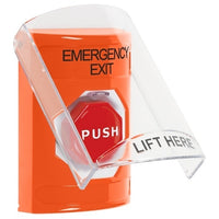 STI SS2528EX-EN Stopper Station, with Shield, Pneumatic Illuminated,' EMERGENCY EXIT' Label, Orange