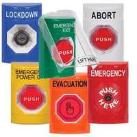 STI SS24A7PX-EN Indoor Flush / Surface with Horn Weather Resistant Momentary Stopper Station, 'PUSH TO EXIT' Text, Blue
