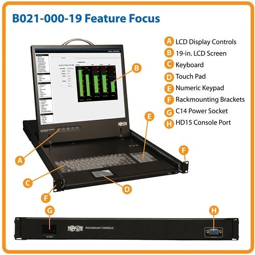 Eaton Tripp Lite B021-000-19 1U Rack-Mount Console with Rackmountable in 19" System Rack (1U), from 27" to 42" Deep, Connects to PS/2 or USB Server or KVM Switch, Supports Resolutions up to 1366x768