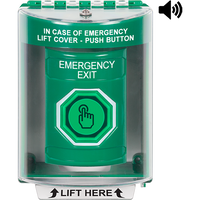 STI SS2187EX-EN Green Indoor / Outdoor Surface w/ Horn Weather Resistant Momentary (Illuminated) with Green Lens Stopper Station with EMERGENCY EXIT Label