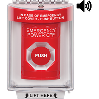 STI SS2044PO-EN Indoor / Outdoor Flush with Horn Momentary Stopper Station with EMERGENCY POWER OFF Label English, Red