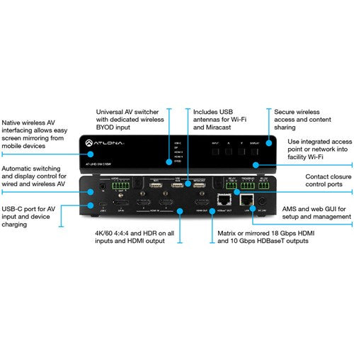Atlona®AT-UHD-SW-510W Five-Input Universal Switcher with Wireless Presentation Link
