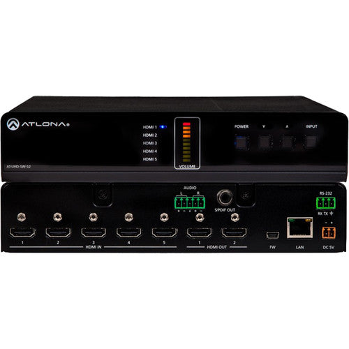 Atlona® AT-UHD-SW-52 4K/UHD 5 Input HDMI Switcher - Mirrored HDMI Outputs