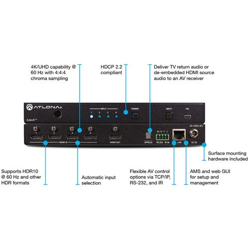 Atlona® AT-JUNO-451 4K HDR Four-Input HDMI Switcher with Auto-Switching