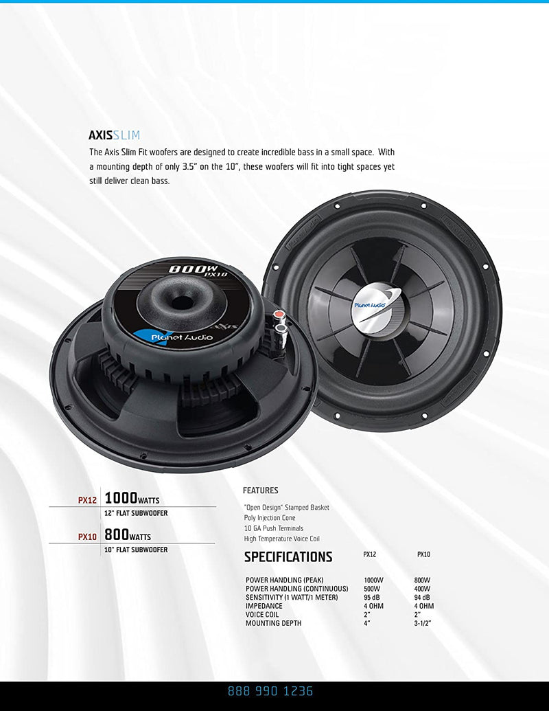 Planet Audio PX12 AXIS Series Single Voice-Coil Flat Subwoofer (12",1,000 Watts)