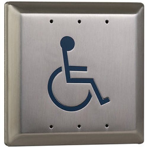 Camden CM-45-2 4 1/2" Square Push Plate Switch, Concealed Screws, 'WHEELCHAIR' Symbol, Blue
