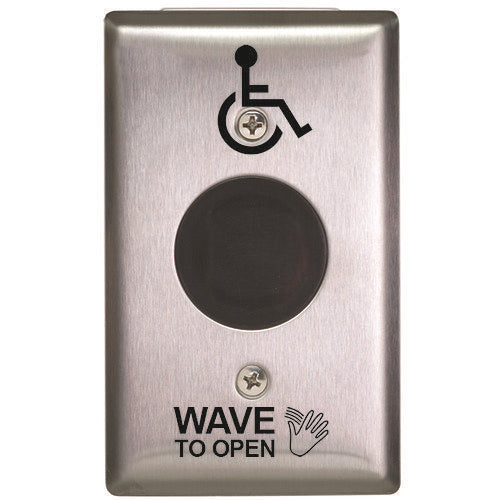 Camden CM-332-42S Wired Touchless Switch, Stainless Steel Faceplate, Hand Icon, 'Wave To Open' Text and Wheelchair Symbol